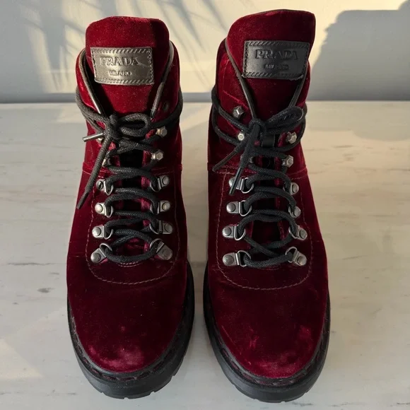 prada burgundy velvet hiker boots🥀 - Picture 9 of 13